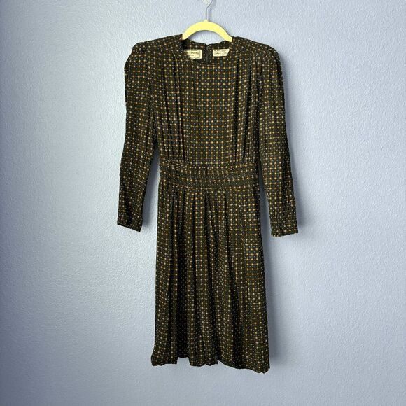 Vintage Karin Stevens Petite Long Sleeve Dress Smocked Waist Cuffed Pleated 4P - Picture 1 of 9